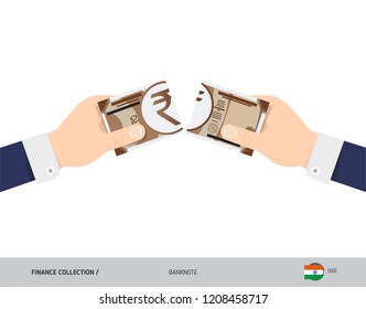 10 Indian Rupee Banknote. Hands tearing banknote. Flat style vector illustration. Business finance concept.