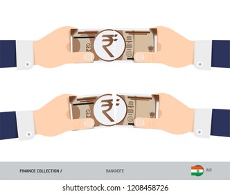 10 Indian Rupee Banknote. Hands tearing banknote set. Flat style vector illustration. Business finance concept.