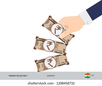10 Indian Rupee Banknotes. Hand throwing banknotes. Flat style vector illustration. Waste of money concept.