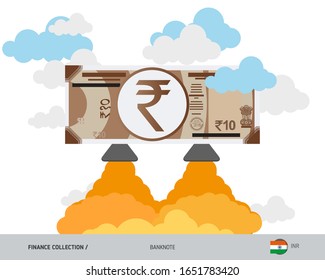 10 Indian Rupee rising as a rocket. Flat style vector illustration.