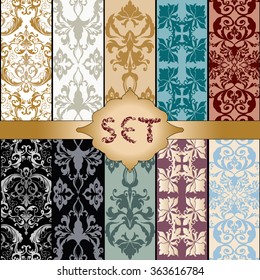 10 individual cards. Vector illustration of a gold lace pattern or Baroque, Victorian style. 
Luxury design with space for text and background of a similar element. For wedding, greeting cards.