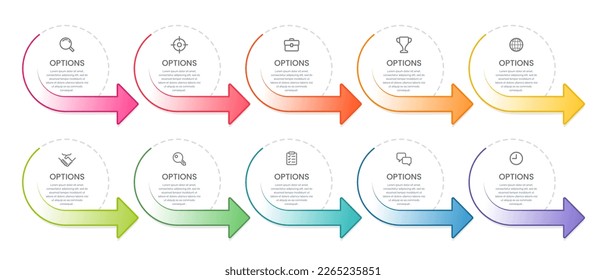 10 infographic circle frame options with colorful arrows. Vector illustration.