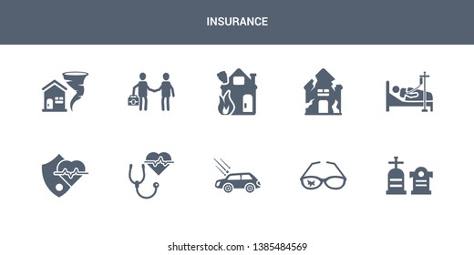 10 insurance vector icons such as funeral, glasses insurance, hail on the car, health insurance, heart contains hospitalization, house for storms, house on fire, agent, for home of tornado. icons