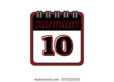 10 January calendar icon text page monthly web design on red, black and white background vector, icon, or illustration with the month of January 10