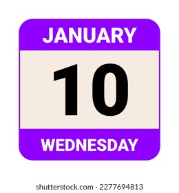 10. Januar, Mittwoch. Datumsvorlage. Nützliches Design für Kalender- oder Veranstaltungswerbung. EPS10 Datei, Vektorgrafik. Einzeln auf weißem Hintergrund. 