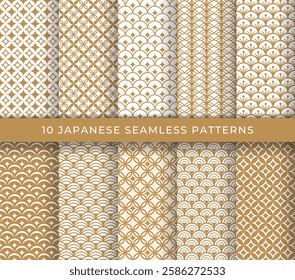 10 Japanese seamless patterns. Collection of traditional Asian backgrounds in golden and white colors. Luxury geometric design for textile, clothing, fabric decor, wallpaper, wrapping paper