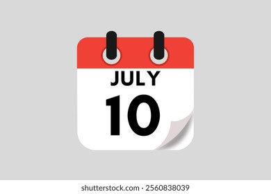 10 July calendar icon text page monthly web design on red, white, black and ash background vector, icon, or illustration with the month of July 10