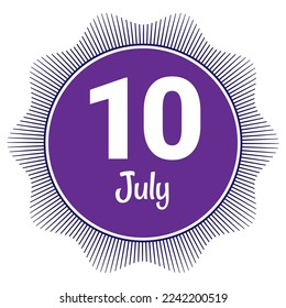 10. Juli, Datumsvorlage. Nützliches Design für Kalender- oder Veranstaltungswerbung. EPS10 Datei, Vektorgrafik. Einzeln auf weißem Hintergrund. 