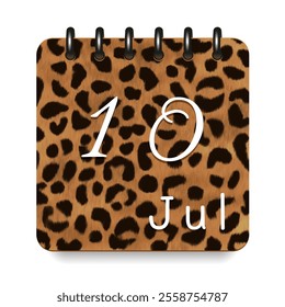 10 July. Leopard print calendar daily icon. White letters. Date day week Sunday, Monday, Tuesday, Wednesday, Thursday, Friday, Saturday.