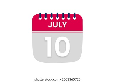 10 July month single day vector, illustration, calendar with red, off white and white color background calendar July 10