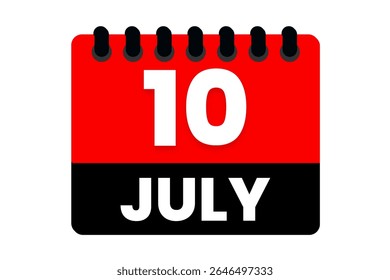 10 julho mês vetor dia único, ilustração, calendário com vermelho, preto e branco ícone de calendário de fundo de cor de julho 10