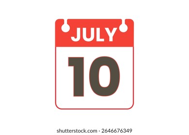 10 julho mês vetor dia único, ilustração, calendário com vermelho, preto e branco ícone de calendário de fundo de cor de julho 10