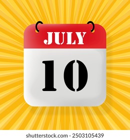10 July. Speech bubble with calendar 2024, 2025. Year, month, day, week, time management. Planning concept. 3d illustration. Pop art style. Vector line icon for Business and Advertising