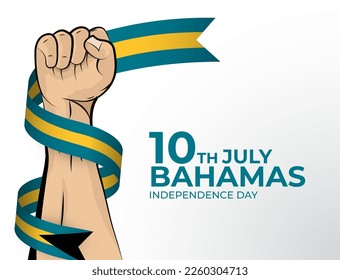 10. Juli. Vektorgrafik von Happy Independence Day Grußkarte für das Land der Bahamas mit geklonten Fäusten und einem Fahnenband. Verwendung für Banner auf weißem Hintergrund.