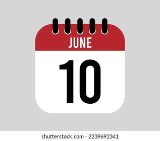 icono del calendario del 10 de junio. Vector de página de calendario rojo para los días y semanas de junio