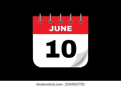 10 June calendar icon text page monthly web design on red, white and black background vector, icon, or illustration with the month of June 10