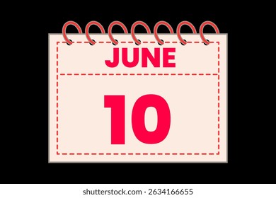 10 June calendar icon text page monthly web design on red, rose and black background vector, icon, or illustration with the month of June 10