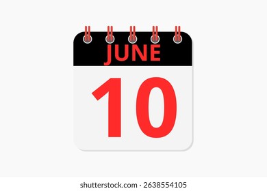 10 June calendar icon text page monthly web design on red, black and white background vector, icon, or illustration with the month of June 10