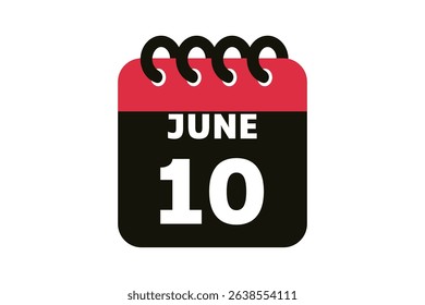 10 June calendar icon text page monthly web design on red, black and white background vector, icon, or illustration with the month of June 10
