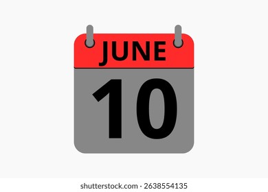 10 June calendar icon text page monthly web design on red, black and white background vector, icon, or illustration with the month of June 10