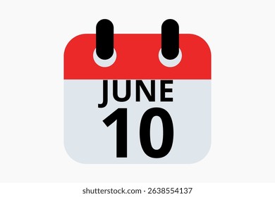 10 June calendar icon text page monthly web design on red, black and white background vector, icon, or illustration with the month of June 10