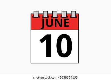 10 June calendar icon text page monthly web design on red, black and white background vector, icon, or illustration with the month of June 10