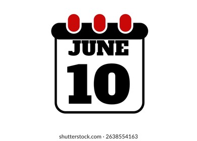 10 June calendar icon text page monthly web design on red, black and white background vector, icon, or illustration with the month of June 10