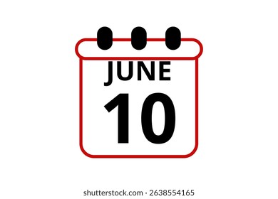 10 June calendar icon text page monthly web design on red, black and white background vector, icon, or illustration with the month of June 10