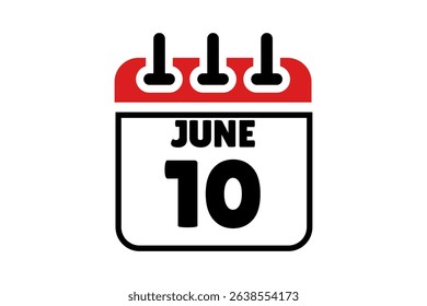 10 June calendar icon text page monthly web design on red, black and white background vector, icon, or illustration with the month of June 10
