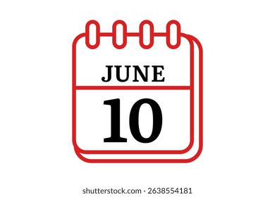 10 June calendar icon text page monthly web design on red, black and white background vector, icon, or illustration with the month of June 10