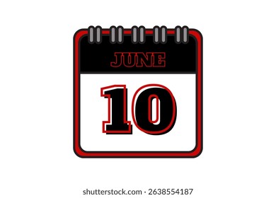 10 June calendar icon text page monthly web design on red, black and white background vector, icon, or illustration with the month of June 10