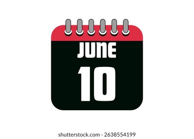 10 June calendar icon text page monthly web design on red, black and white background vector, icon, or illustration with the month of June 10
