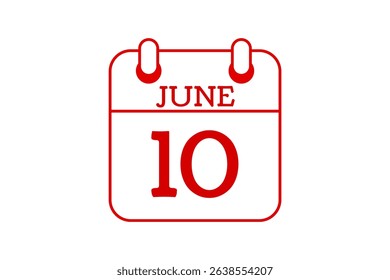 10 June calendar icon text page monthly web design on red, black and white background vector, icon, or illustration with the month of June 10