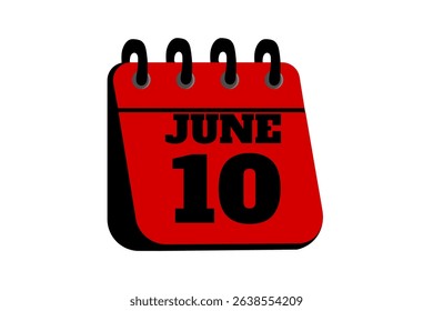 10 June calendar icon text page monthly web design on red, black and white background vector, icon, or illustration with the month of June 10