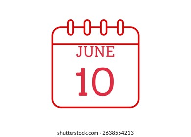 10 June calendar icon text page monthly web design on red, black and white background vector, icon, or illustration with the month of June 10