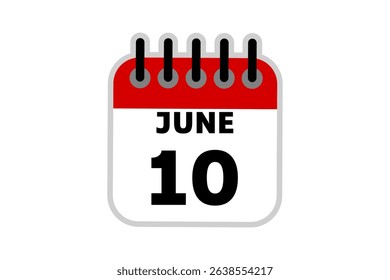 10 June calendar icon text page monthly web design on red, black and white background vector, icon, or illustration with the month of June 10