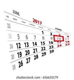 10 June highlighted on calendar 2017. Week starts from Monday. Vector Illustration.
