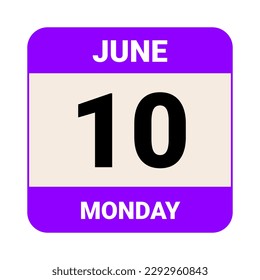 10 June, Monday. Date template. Useful design for calendar or event promotion. Vector illustration EPS 10 File. Isolated on white background. 