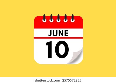 10 June month single day vector, illustration, calendar with red, black, white and yellow color background calendar June 10
