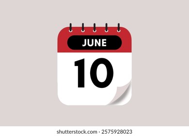 10 June month single day vector, illustration, calendar with rose red, black and off-white color background calendar June 10