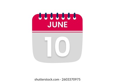 10 June month single day vector, illustration, calendar with red, off white and white color background calendar June 10