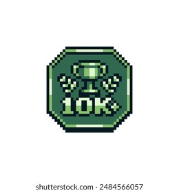 10 k, achievement pixel art icon, goblet emblem, subscribers, likes, design for logo, web, mobile app. Game tournament. 8-bit. Game assets. Isolated abstract vector illustration.