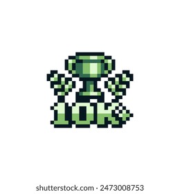 10 k points, achievement pixel art icon, goblet emblem, subscribers, likes, design for logo, web, mobile app. Game tournament.  8-bit. Game assets. Isolated abstract vector illustration.