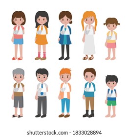 10 tipos de personajes de dibujos animados conjunto de hombres y mujeres con niños, fracturas, huesos, manos