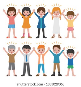 10 kinds of cartoon characters vector set of man and woman with children, happy and cheering