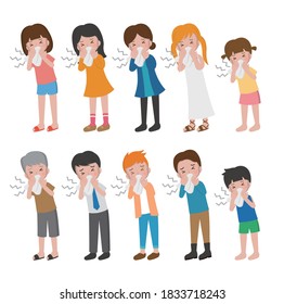 10 kinds of cartoon characters vector set of man and woman with children, runny nose, cold, flu, pollen
