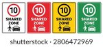 10 kmh Shared Zone Sign. Shared Road Speed Limit Traffic Safety Label, Pedestrian Priority Street Warning, Vector Illustration