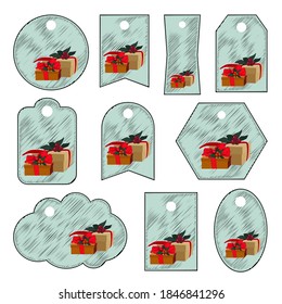 10 labels for gifts with a picture of a festive box with ribbon and berries. New Year's decoration for gifts. 