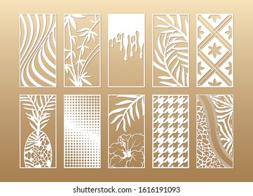 10 Laser cut vector panels (ratio 1:2). Cutout silhouette with tropical trees and flowers, animal skin, hounds tooth. The set is suitable for engraving, laser cutting wood, metal, stencil.