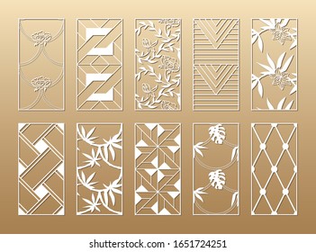 10 Laser cut vector panels (ratio 1:2). Cutout silhouette with flowers, leaves, bamboo, ropes, mosaic and geometric patterns. The set is suitable for engraving, laser cutting wood.